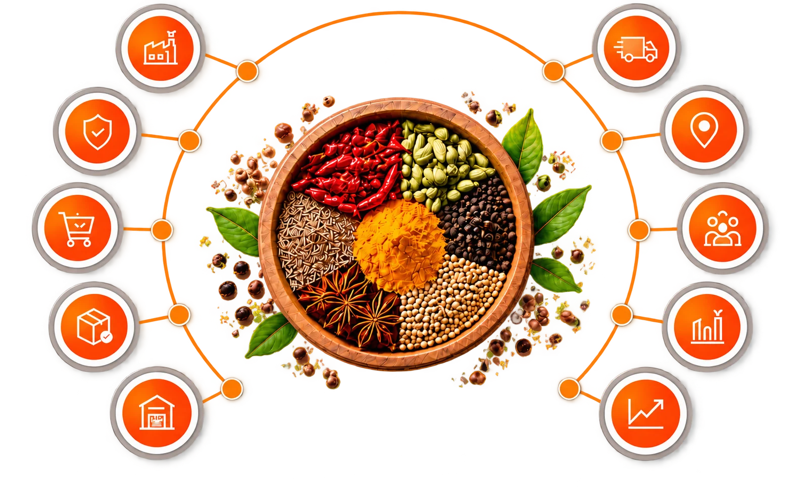 A bowl of spices ringed by ten connected UpWon workflows