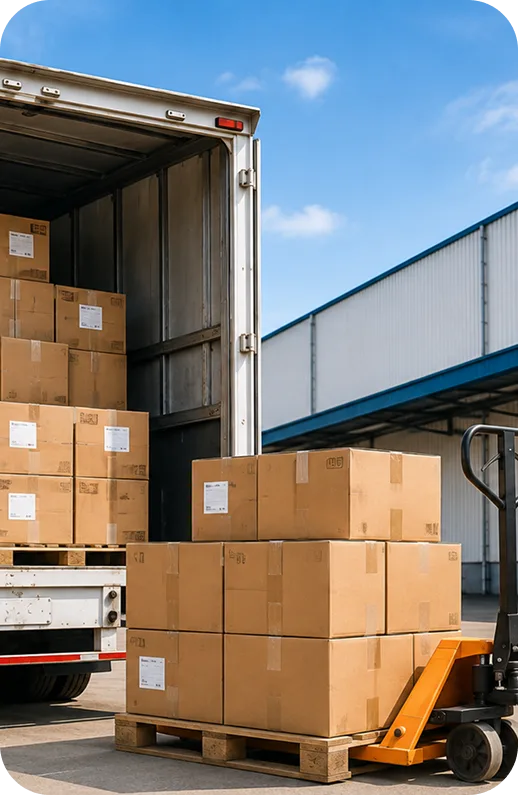 Cartons loaded onto a pallet truck beside a distribution vehicle