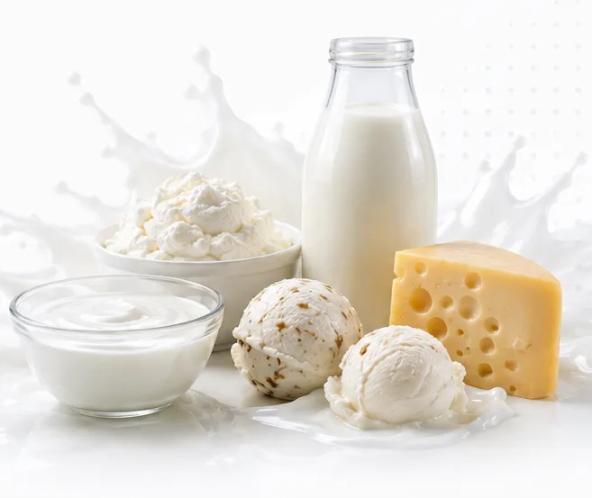 Milk, curd, cheese and ice cream