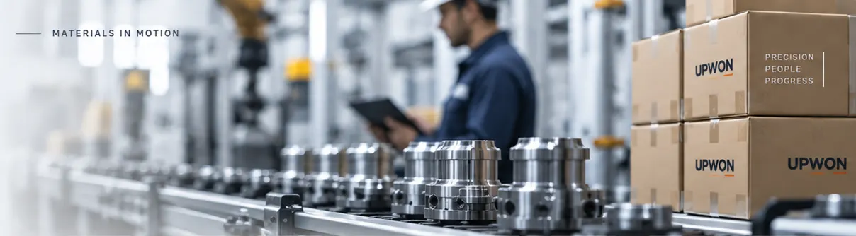 An engineer checking a production line as machined components and packed goods move through the plant
