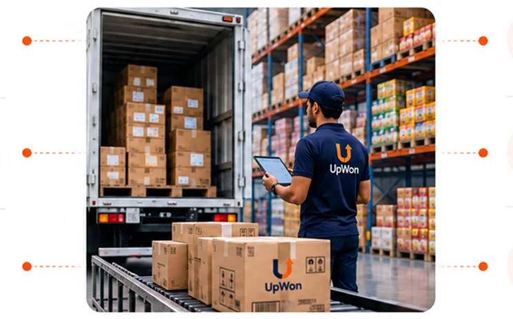 UpWon team member checking stock on a tablet while a delivery vehicle is loaded