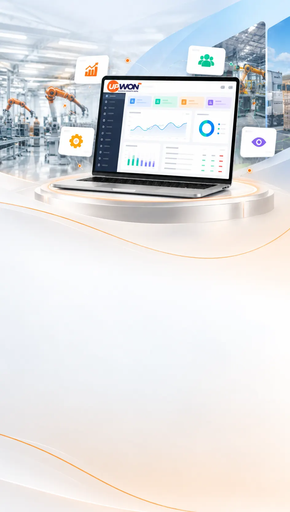 The UpWon dashboard on a laptop, surrounded by floating tiles for real-time data, connected teams, automated workflows and complete visibility